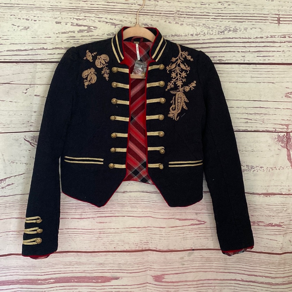 Free People cropped embroidered military officer’s jacket